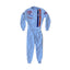 Front view of Michael Delaney’s 1971 Le Mans racing suit worn by Steve McQueen, featuring off-white base, vertical Gulf racing stripes in blue and orange, and vintage patchwork detailing.