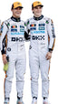 Front view of Lando Norris and Oscar Piastri 2025 Monaco GP F1 racing suit, designed with a bold red and gold theme, featuring aerodynamic seams, Monaco flag patch, and sponsor placements.