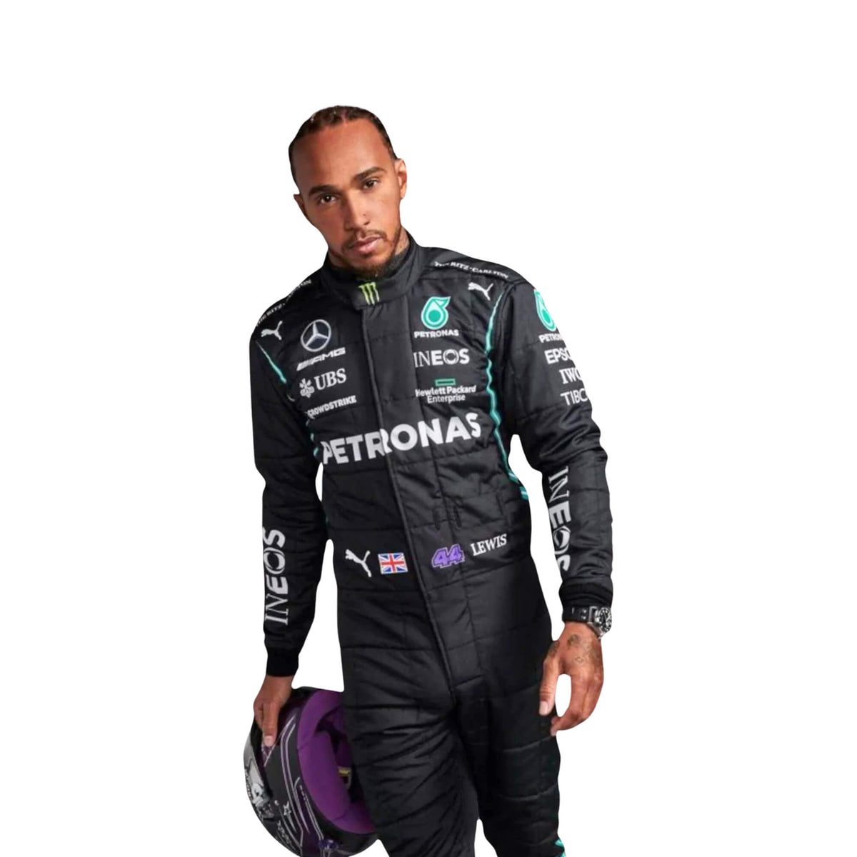 Colse up view of Lewis Hamilton 2020 F1 racing suit – sleek black design with silver detailing, Main image
