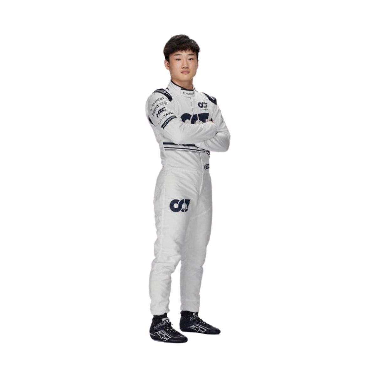 Yuki Tsunoda 2022 F1 Racing Suit front view showing navy and white color contrast with embroidered sponsor logos Main image