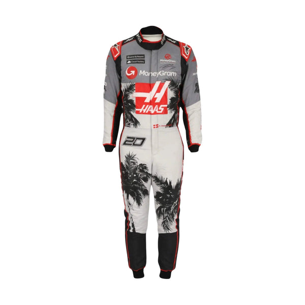Front view of 2023 Miami GP F1 racing suit inspired by Kevin Magnussen, in bright white with red and black detailing and a heat-ready aerodynamic fit