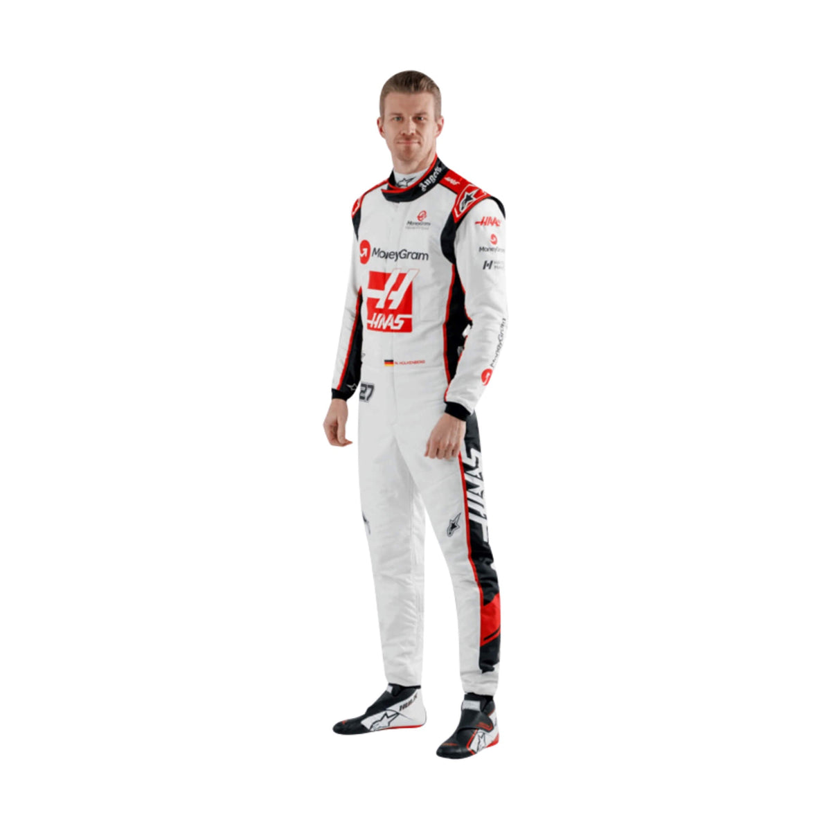 Side profile of the Nico Hulkenberg 2023 F1 racing suit, emphasizing its ergonomic fit, lightweight material, and aerodynamic design for maximum comfort and flexibility Main image