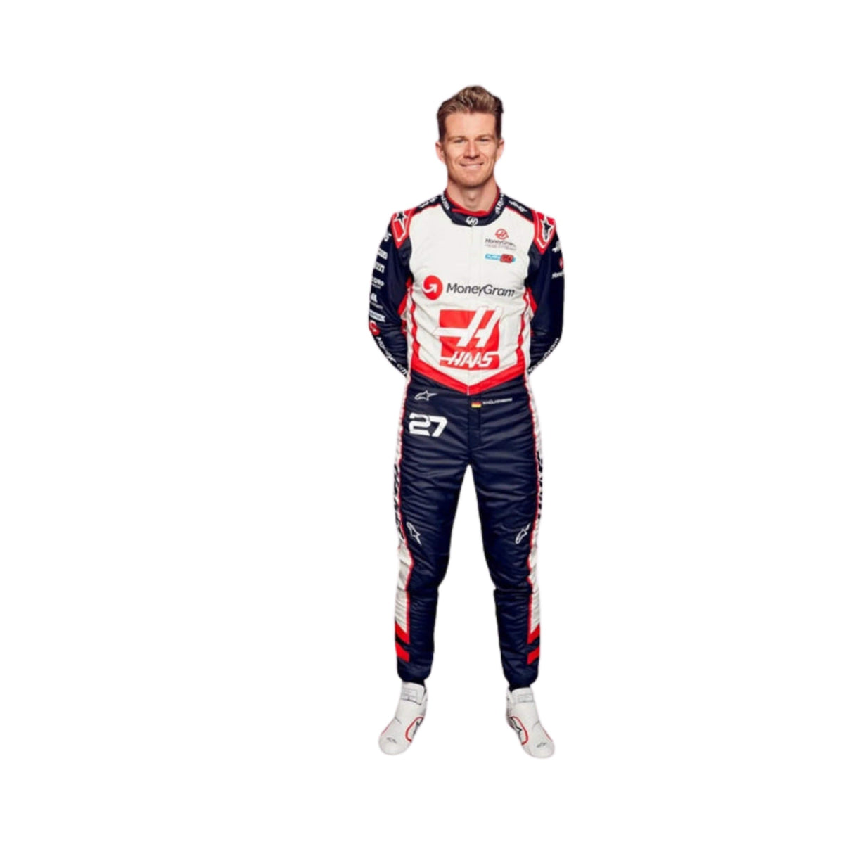 Front view of Nico Hülkenberg's 2024 F1 racing suit in red, white, and black, showcasing a modern design with sponsor logos. Main image