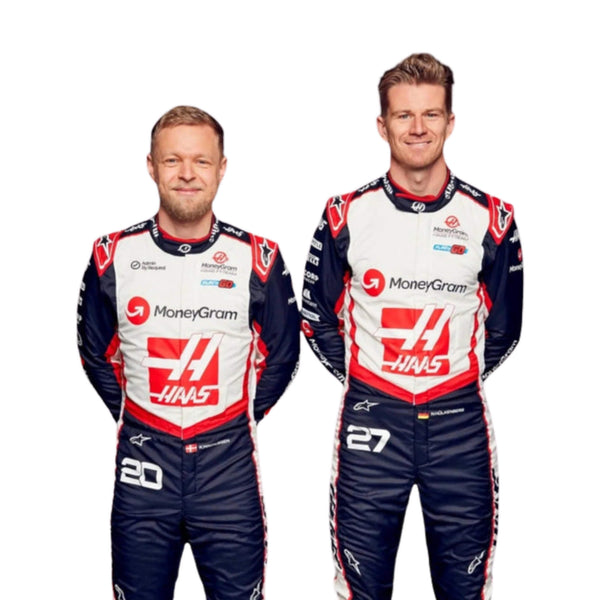 Close-up of Nico Hülkenberg's and Kevin Magnussen 2024 Haas F1 race suit, displaying the intricate red, white, and black material with sponsor logos.