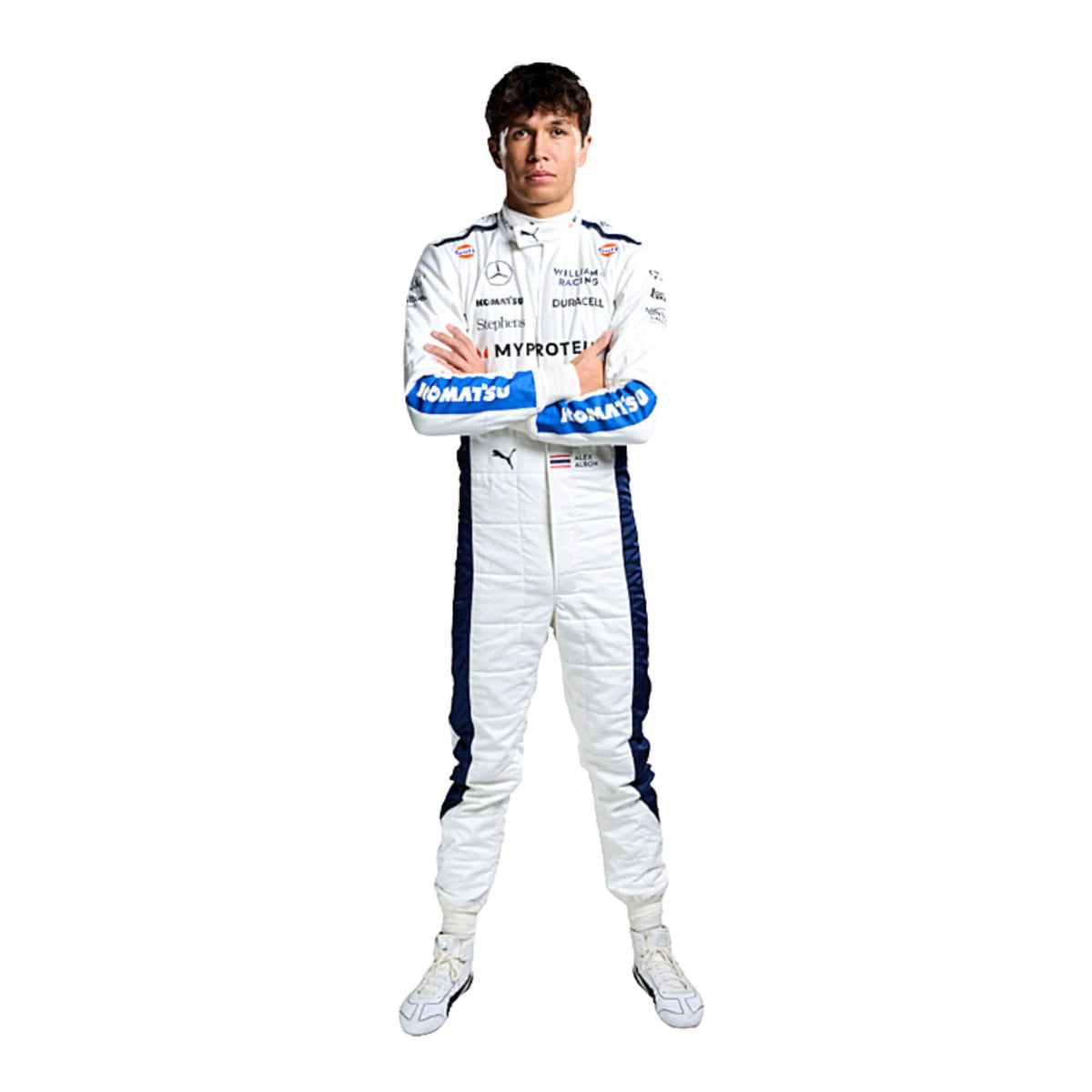Front view of Alex Albon's 2024 F1 racing suit in white with red and blue accents, showcasing sponsor logos and a modern race-ready design. Main image
