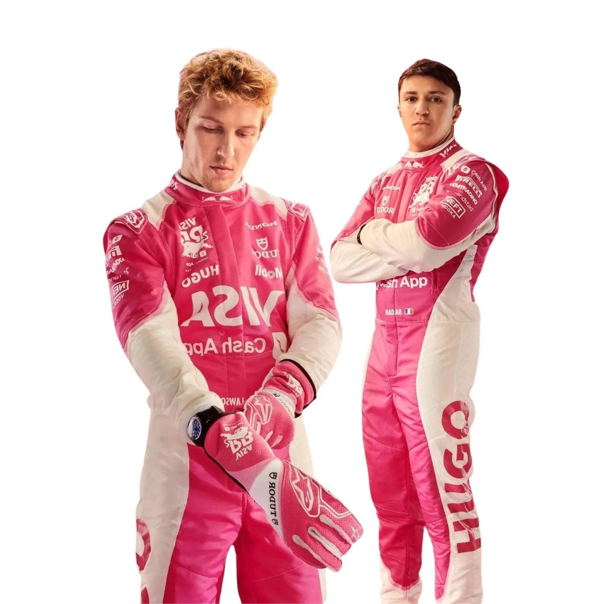 Front view of the 2025 Miami GP F1 costume worn by Liam Lawson and Isack Hadjar, showcasing turquoise-blue panels, black base, lightweight design, and precision sponsor placement. Main image
