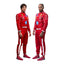 2025 F1 racing costume front view worn by Charles Leclerc and Lewis Hamilton featuring aerodynamic design, sponsor patches, and sharp contrast panels in red, black, and silver.