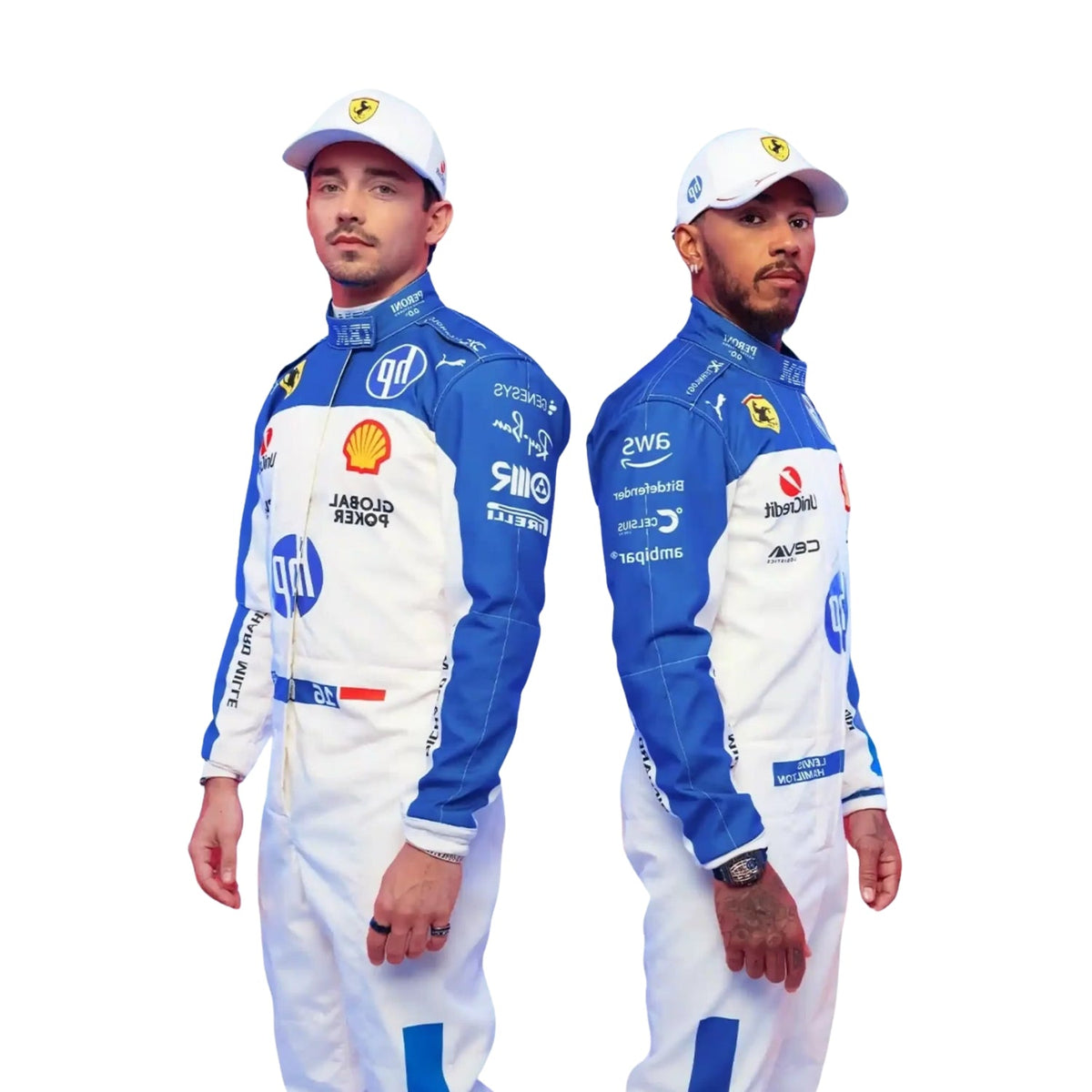 Front view of the 2025 Miami GP F1 racing costume worn by Charles Leclerc and Lewis Hamilton, showcasing vibrant turquoise and black accents, aerodynamic tailoring, and detailed sponsorship placement. Explicit Pro Main image