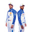 Front view of the 2025 Miami GP F1 racing costume worn by Charles Leclerc and Lewis Hamilton, showcasing vibrant turquoise and black accents, aerodynamic tailoring, and detailed sponsorship placement. Explicit Pro