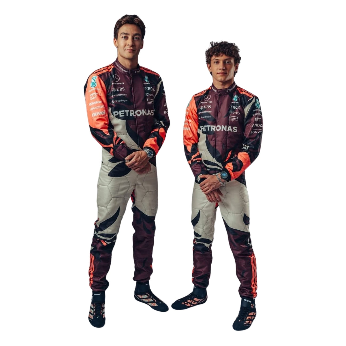 Front view of George Russell and Andrea Kimi Antonelli’s 2025 Miami GP F1 racing suits featuring modern aerodynamic tailoring, tropical-inspired graphics, and race-ready detailing. Main image