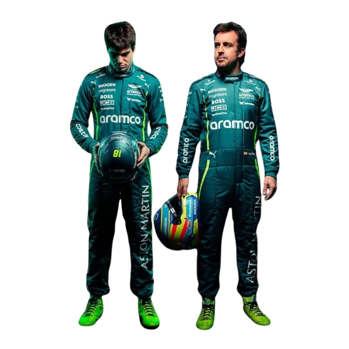 Front view of the 2025 Fernando Alonso Lance Stroll F1 Racing Suit from Explicit Pro, showcasing British racing green with neon lime accents, breathable paneling, and detailed sponsor placements Main image