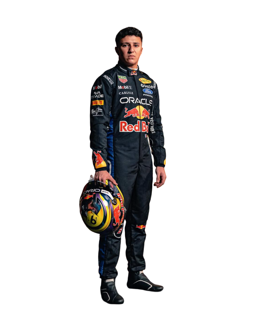 Front view of 2026 F1 racing costume worn by Isack Hadjar featuring aggressive contour lines, dynamic stretch zones, and precision sponsor placement in deep navy and crimson tones - Explicit Pro