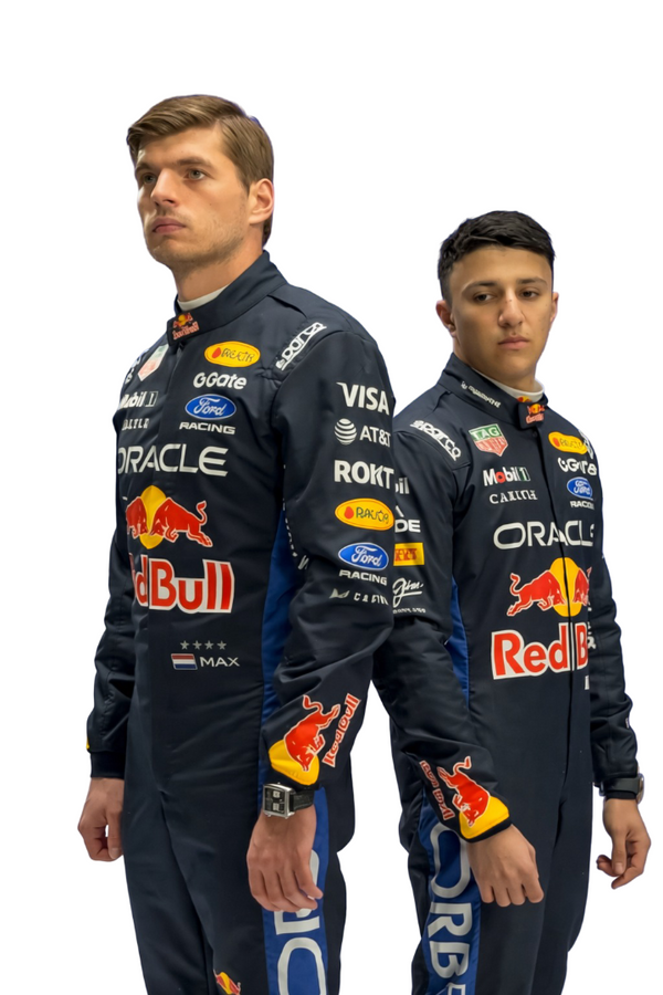 2026 F1 racing costume worn by Max Verstappen and Isack Hadjar featuring aggressive contour lines, Redbull logo, dynamic stretch zones, and precision sponsor placement in deep navy and crimson tones. in Explicit Pro