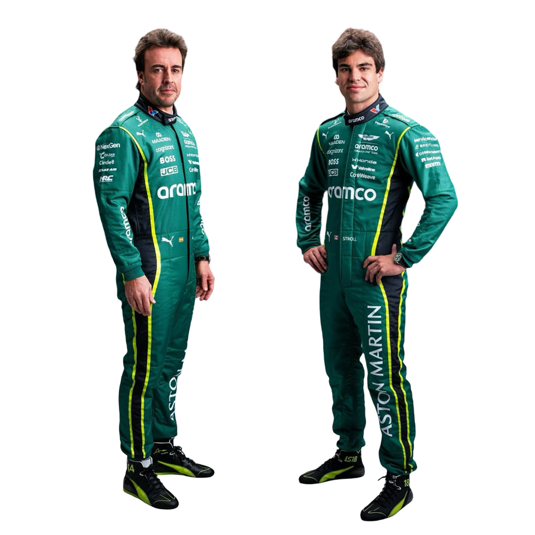 Front view of the 2026 Fernando Alonso & Lance Stroll F1 Racing Suit from Explicit Pro showcasing British racing green with neon lime accents, breathable paneling, and detailed sponsor placements Main image