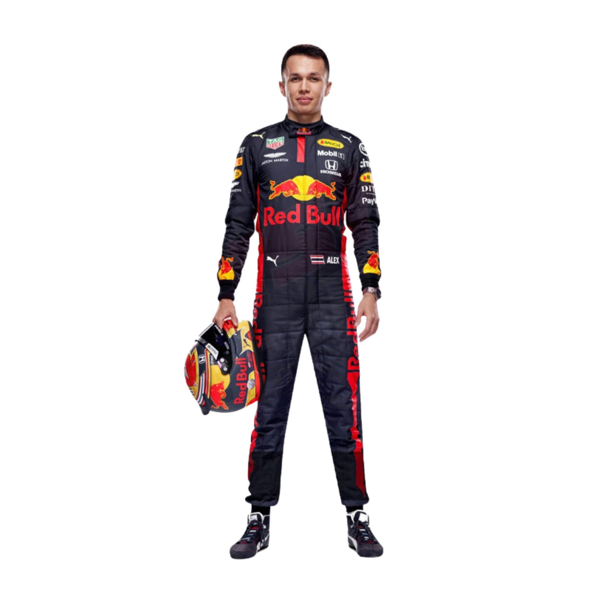 2020 Alexander Albon Tuscan GP F1 racing suit front view, showcasing bold design, sponsor logos, and race-specific details. Main image
