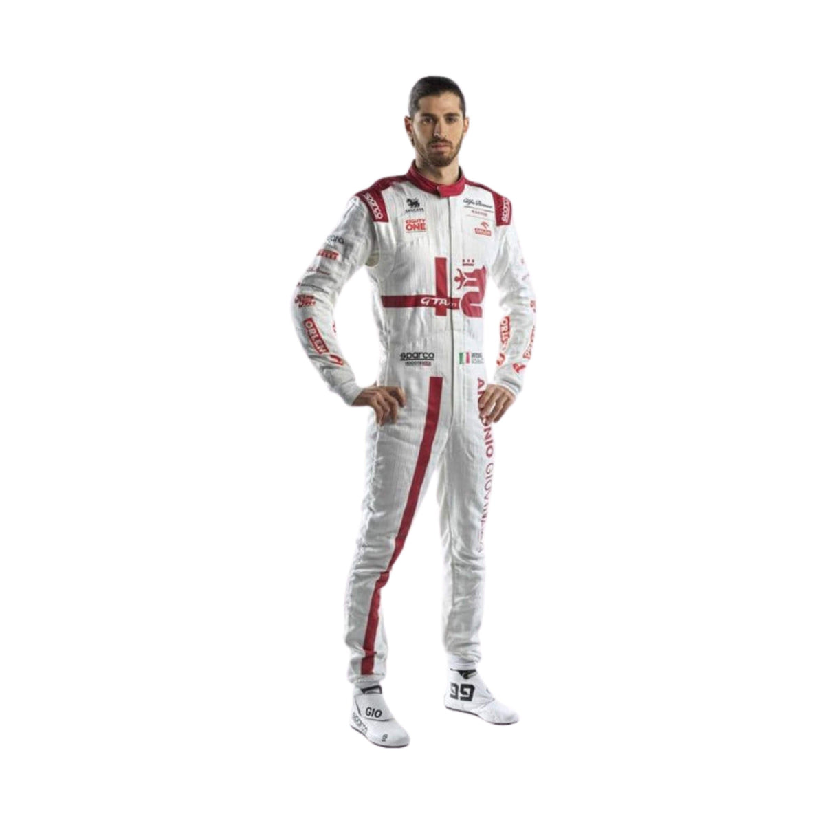 2021 Antonio Giovinazzi F1 racing suit front view, featuring red and white design, with sponsor logos and racing details. Main image