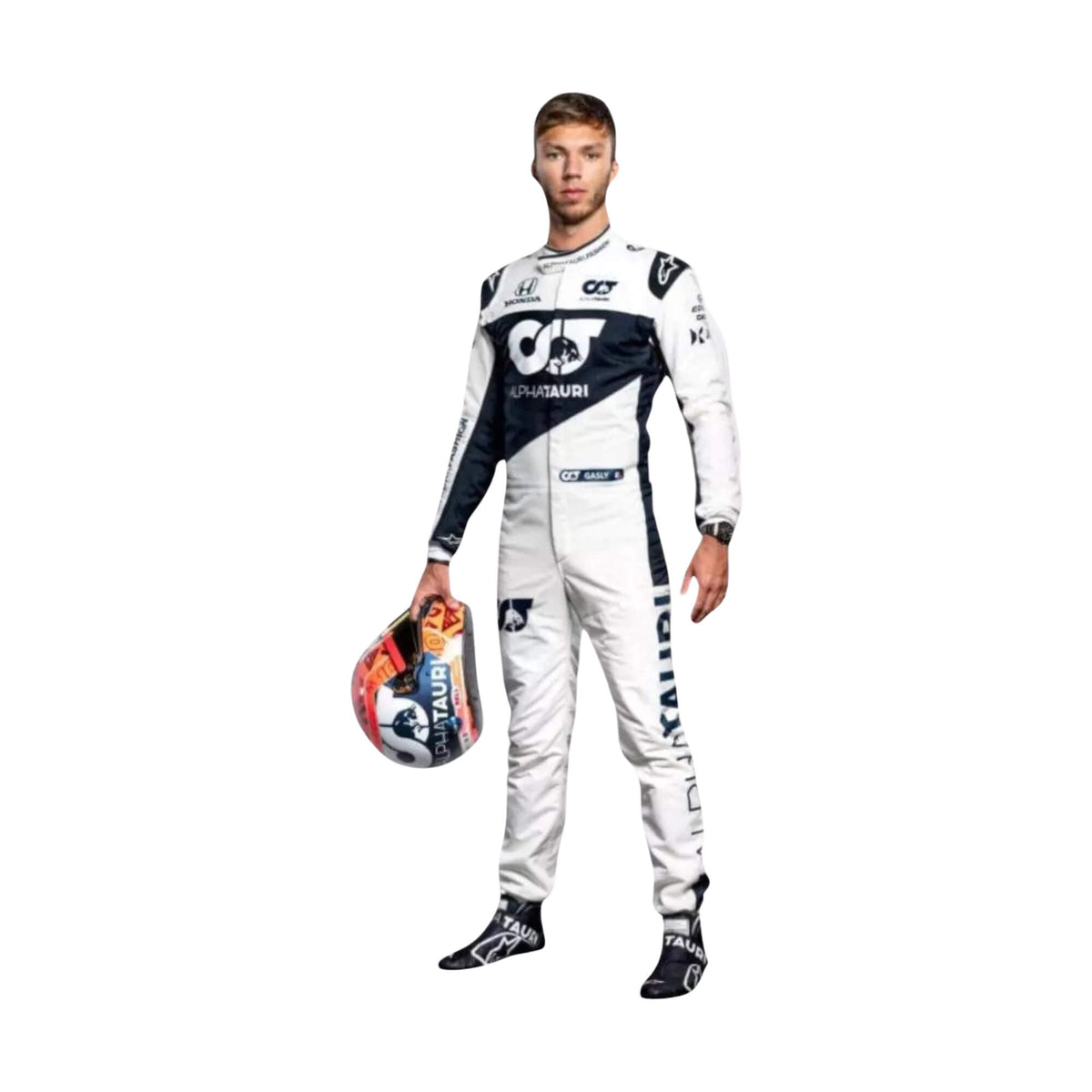 Pierre Gasly 2021 F1 racing suit front view, highlighting team logos, sponsor details, and race-specific design features. Main image