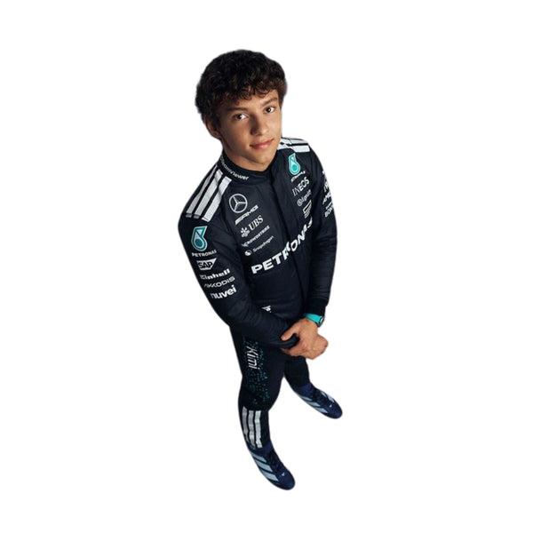 Side profile of 2025 racing outfit worn by Andrea Kimi Antonelli with contour-hugging panels, breathable mesh insets, and streamlined sponsor layout.