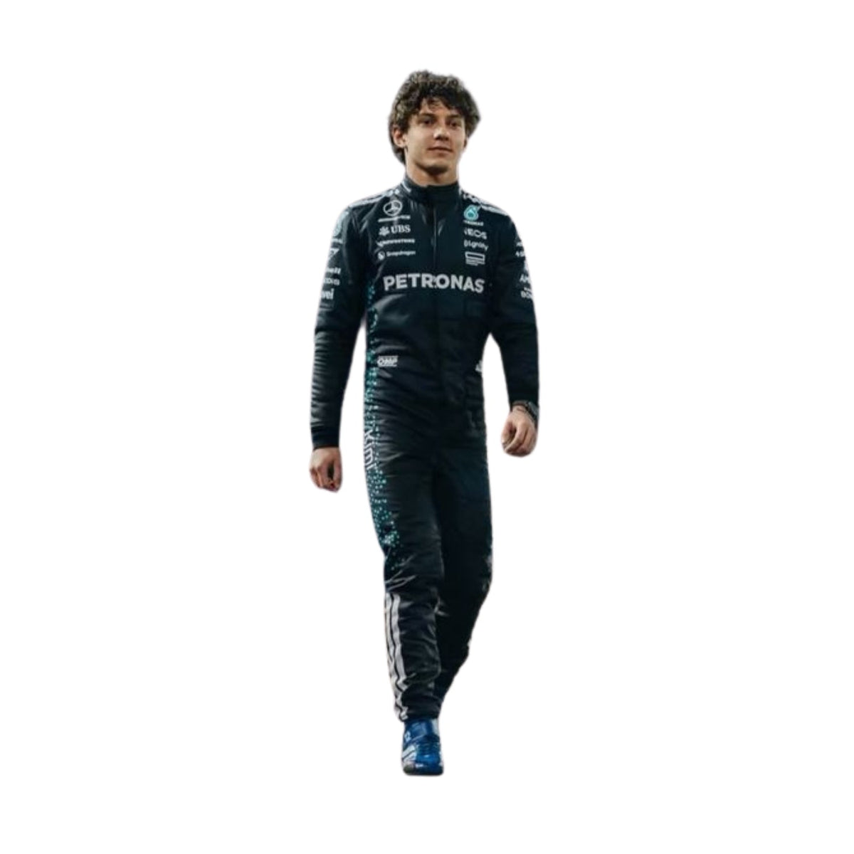 Andrea Kimi Antonelli standing confidently in his 2025 Formula 1 racing suit, front view showcasing a sleek black design with subtle neon green accents, featuring his race number 12 prominently displayed. Main image