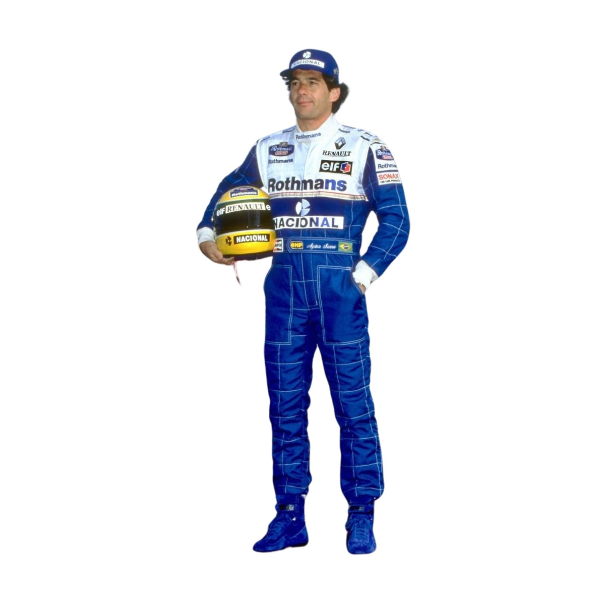 Front view of Ayrton Senna’s 1994 F1 racing suit, featuring his iconic yellow and blue design, reflecting his final season in Formula 1 before his tragic passing. Explicit Pro Main image