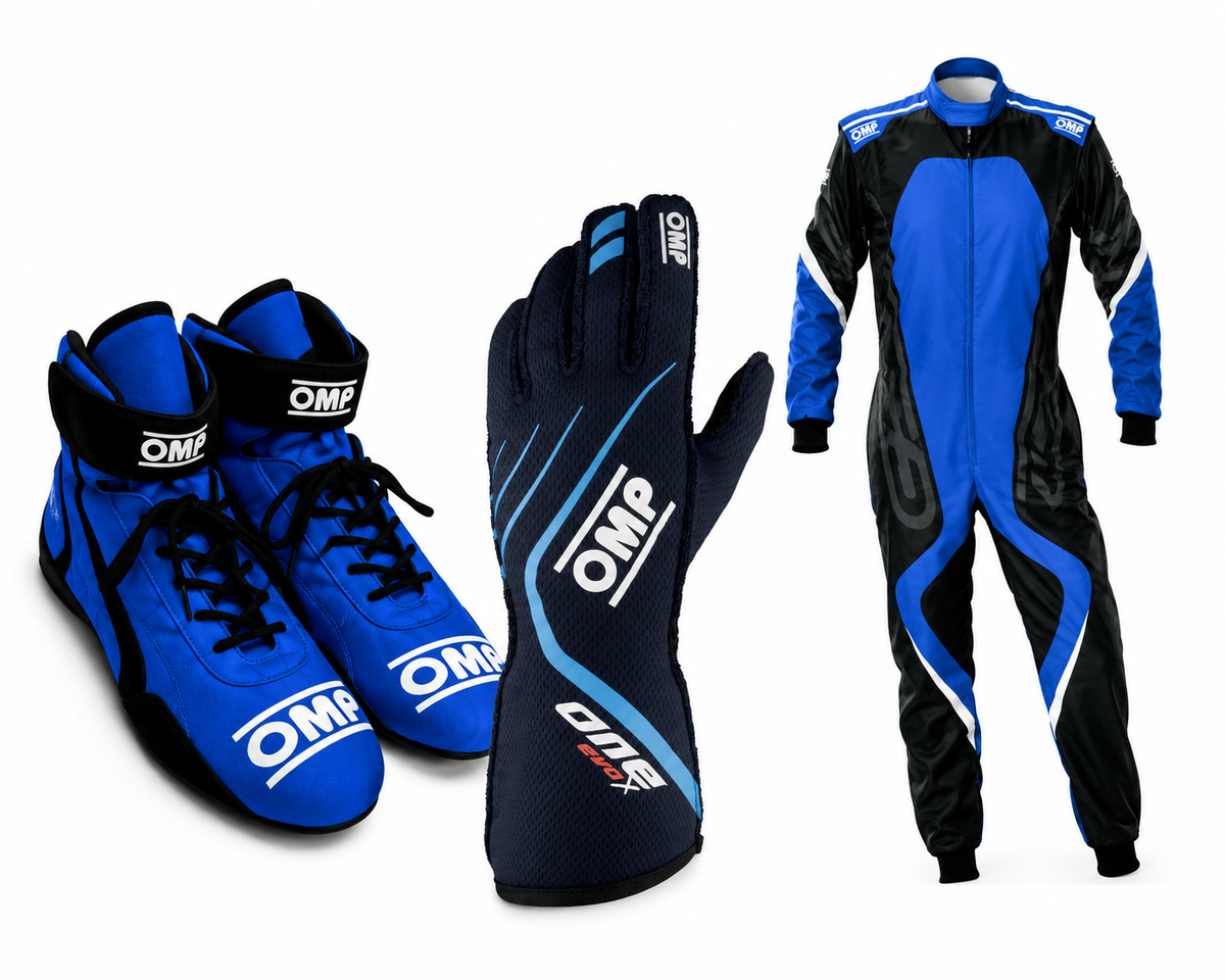 Blue OMP Kart Racing Suit, Racing Gloves & Racing Shoes - Explicit Pro