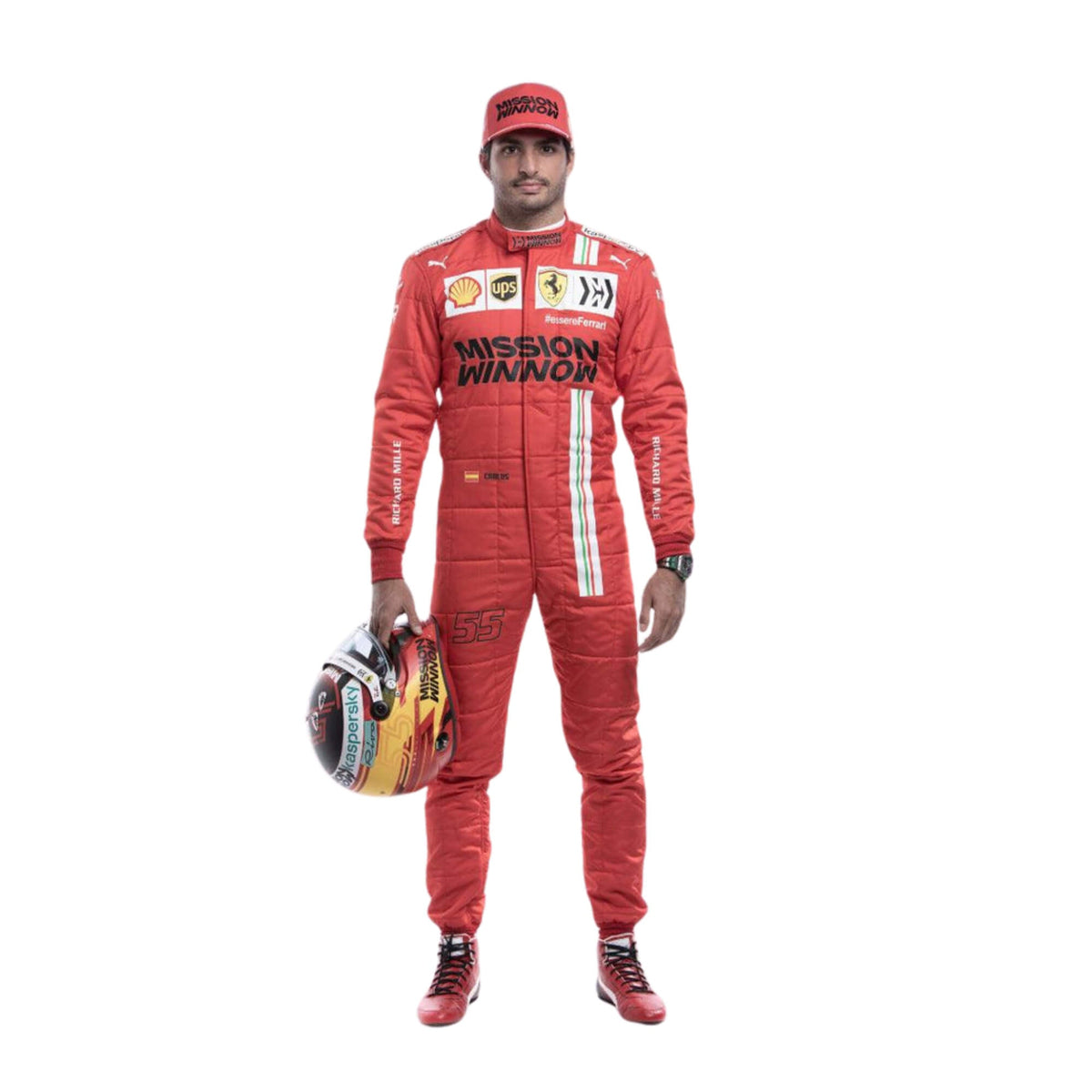 Front view of Carlos Sainz's 2021 F1 racing suit, featuring sleek design, vibrant sponsor logos, and a performance-focused fit. Main image