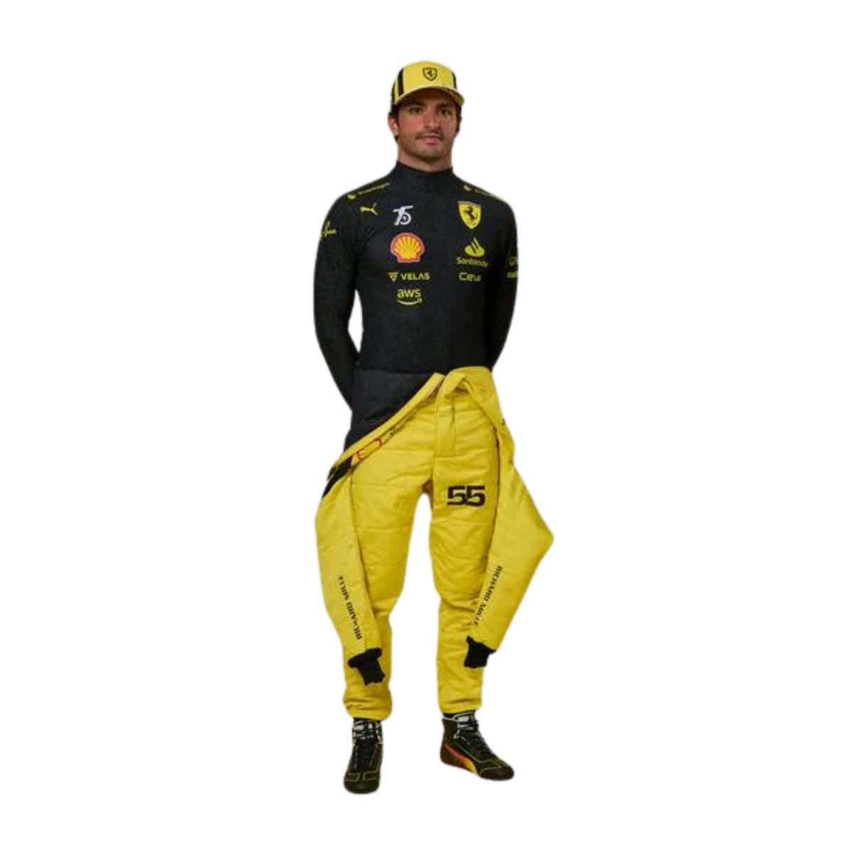 High-resolution image of Carlos Sainz 2022 75th Anniversary racing suit – ideal for motorsport display or fan collections.