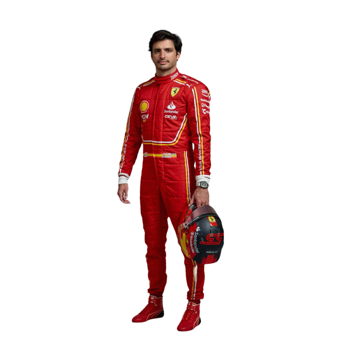 Front view of Carlos Sainz's 2024 F1 racing suit in red with yellow accents, showcasing a vibrant design with sponsor logos. Main image