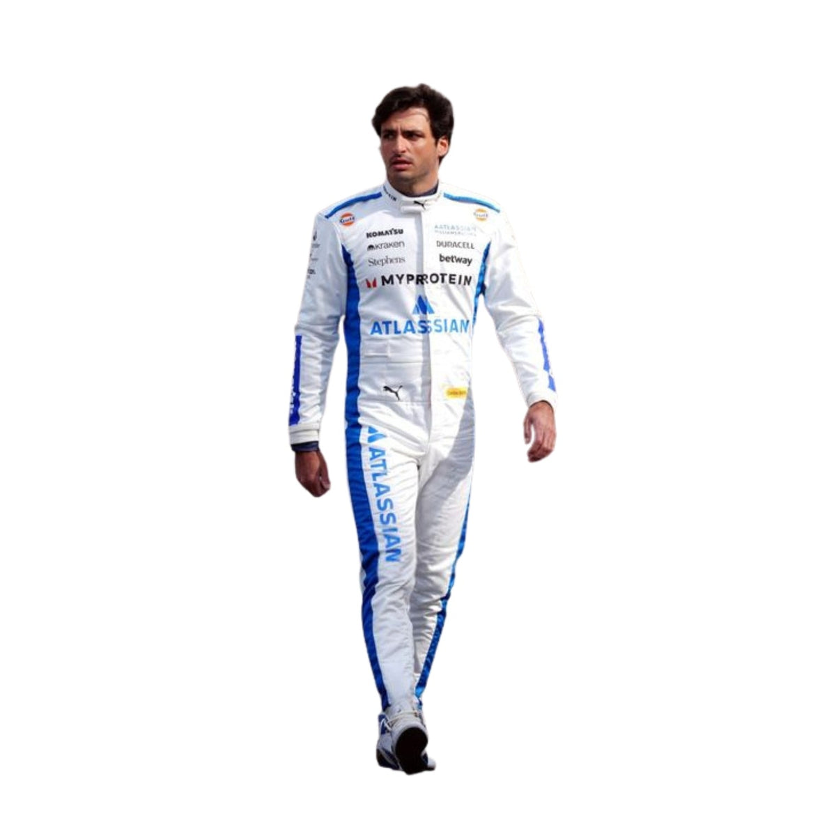 Front view of Carlos Sainz's 2025 F1 racing suit in white with blue side panels, featuring sponsor logos and a sleek design. Explicit Pro Main image