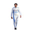 Front view of Carlos Sainz's 2025 F1 racing suit in white with blue side panels, featuring sponsor logos and a sleek design. Explicit Pro