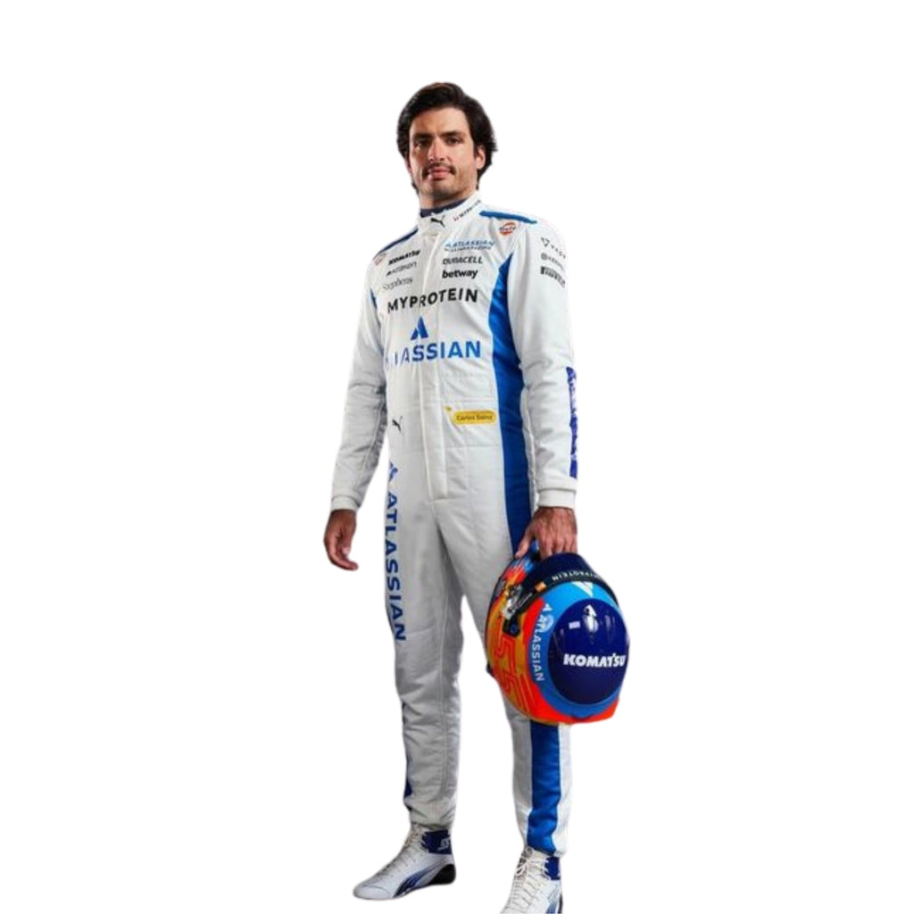 Carlos Sainz wearing his 2025 Formula 1 racing suit, standing with a confident racing posture and focus holding helmet - Explicit Pro