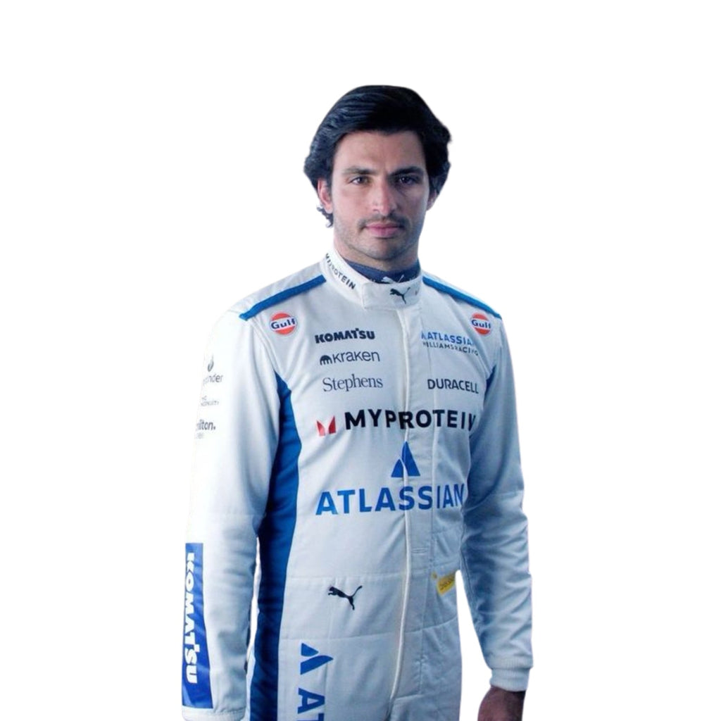 Close-up of chest detailing on the 2025 Carlos Sainz F1 suit, featuring premium zippers and design Explicit Pro

