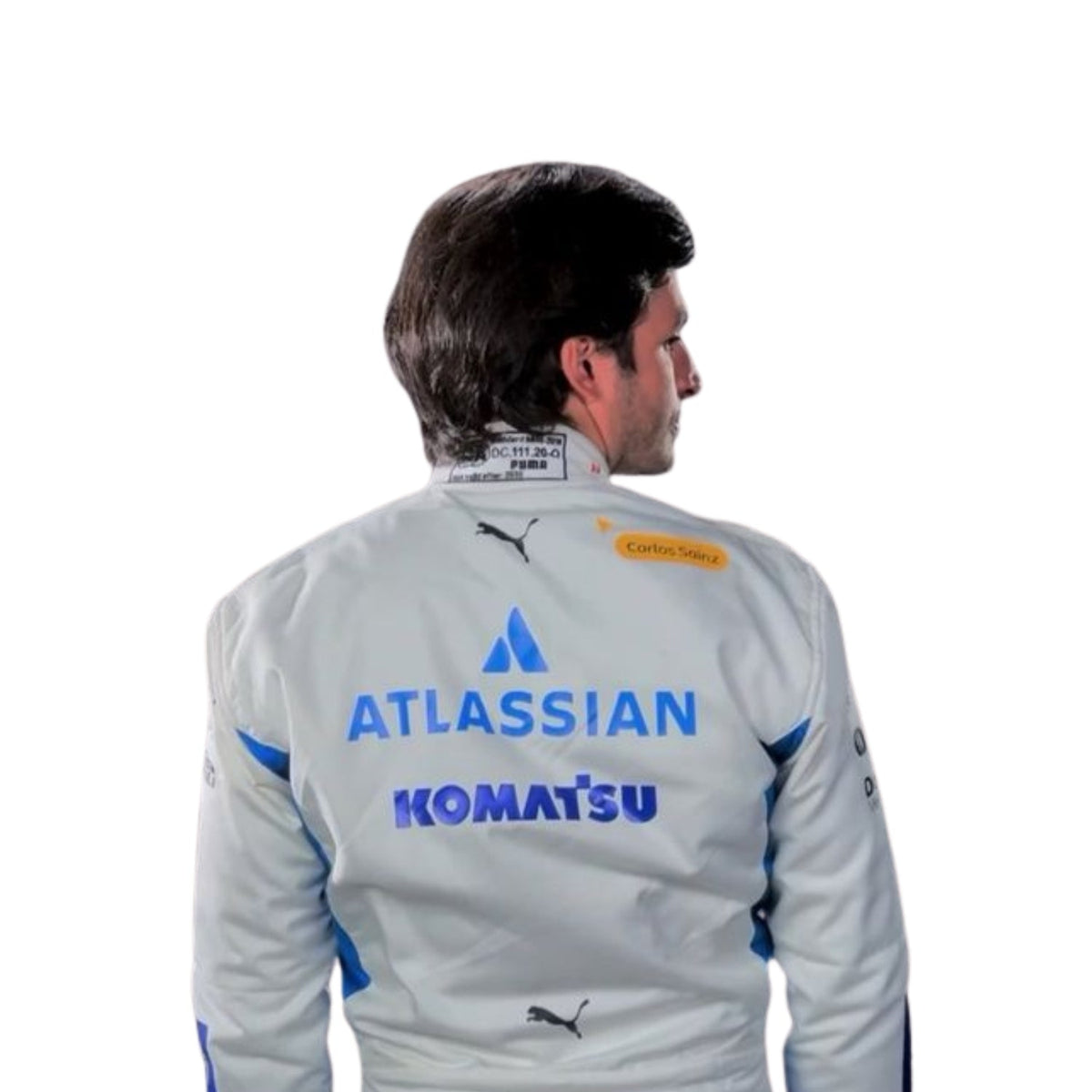 Rear view of the Carlos Sainz 2025 F1 racing suit with aerodynamic paneling and customized print
Explicit Pro
