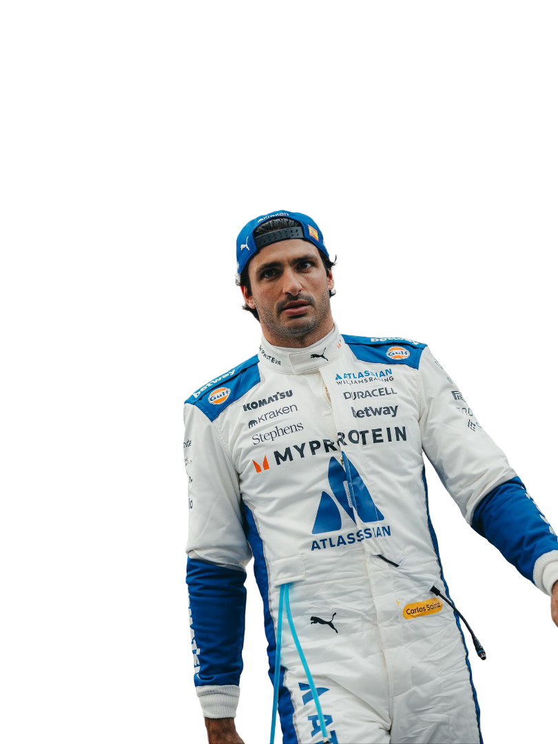 CarlosSainz wearing a 2025 US GP F1 Racing Suit with various sponsor logos on a white background Explicit Pro