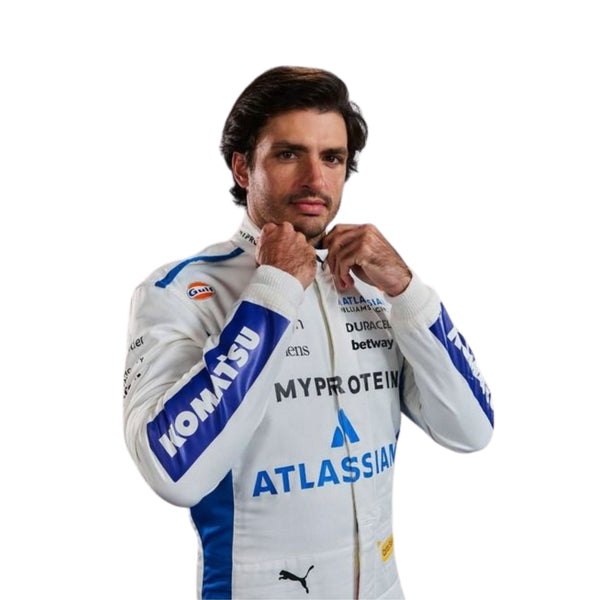 Right side angle of the 2025 Formula 1 suit styled after Carlos Sainz, highlighting sleek fit and craftsmanship Explicit Pro

