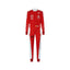 Carlos Sainz Jr.'s 2023 Las Vegas Grand Prix F1 racing suit front view featuring a vibrant red base with white accents on the shoulders and sides, complemented by sponsor logos, showcasing a sleek and modern design.