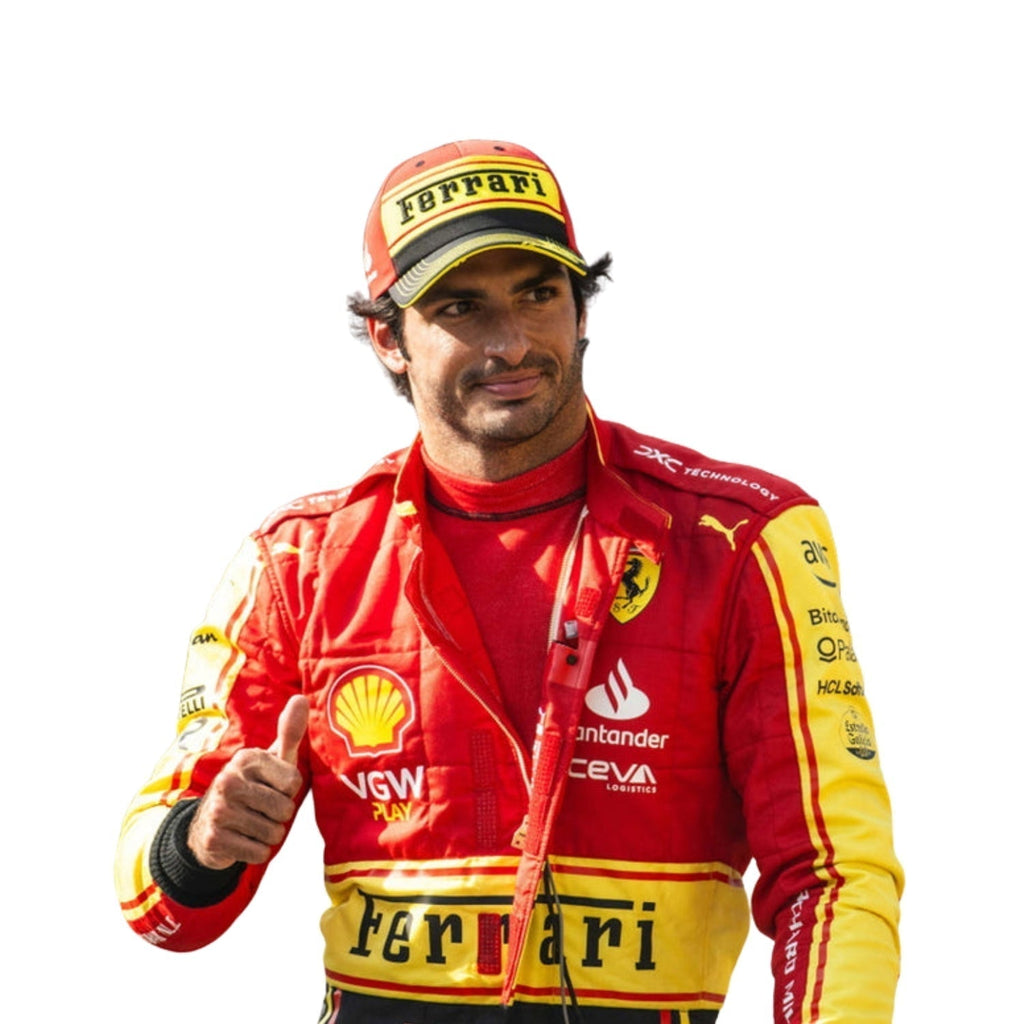 Carlos Sainz Jr. captured mid-action wearing his 2023 Monza Special Edition F1 racing suit, the vibrant colors 