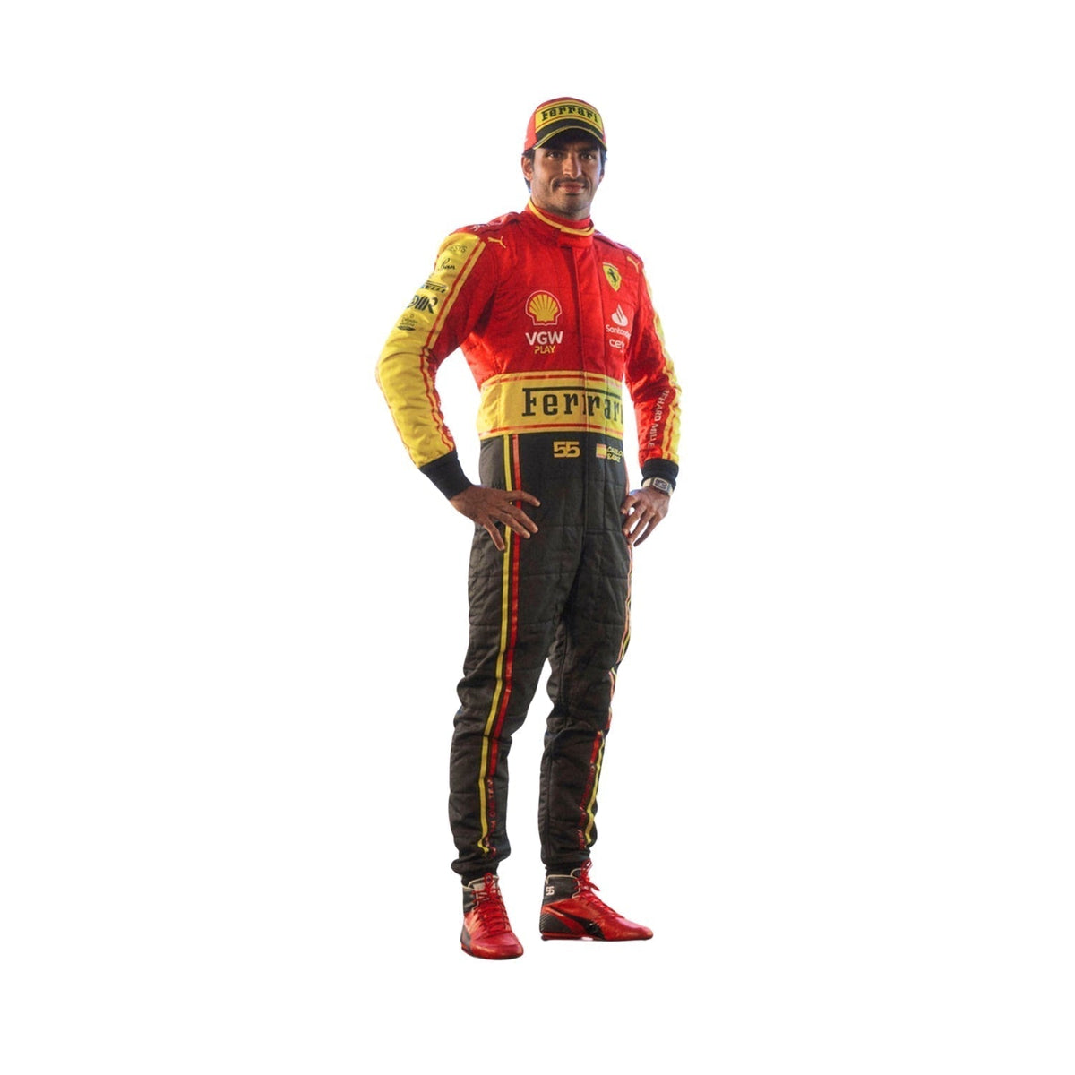 Right Side profile of Carlos Sainz Jr. in his 2023 Monza Special Edition F1 racing suit, displaying the ergonomic fit and the interplay of red, yellow, and black fabrics, enhanced by subtle detailing along the side seams Main image