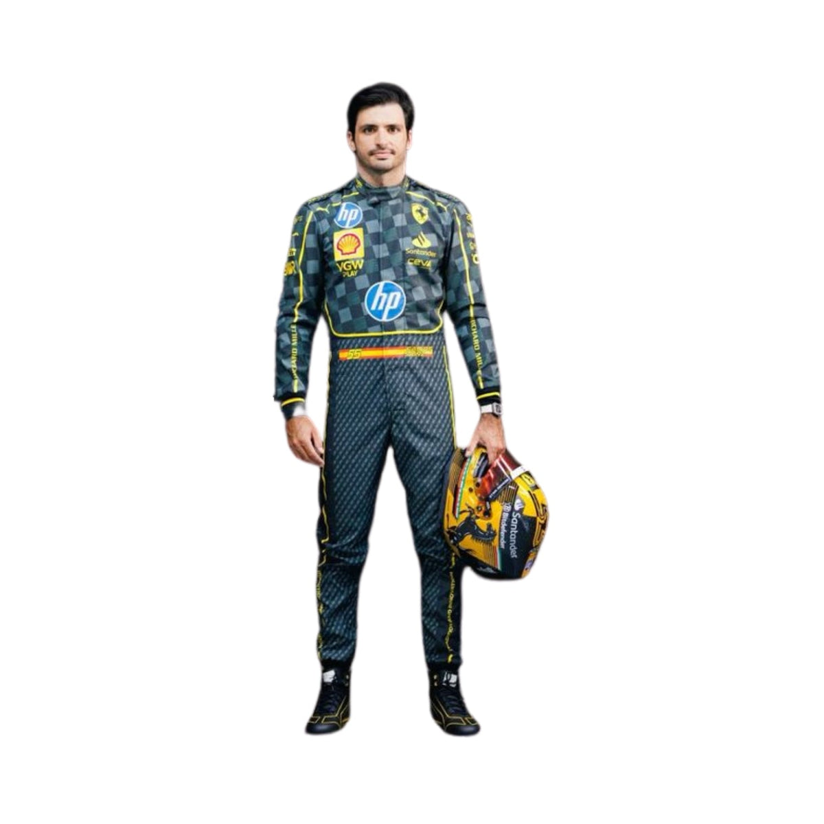 Front view of Carlos Sainz Jr.'s 2024 Italian GP F1 racing suit in black carbon fiber texture with yellow accents and sponsor logos. Main image