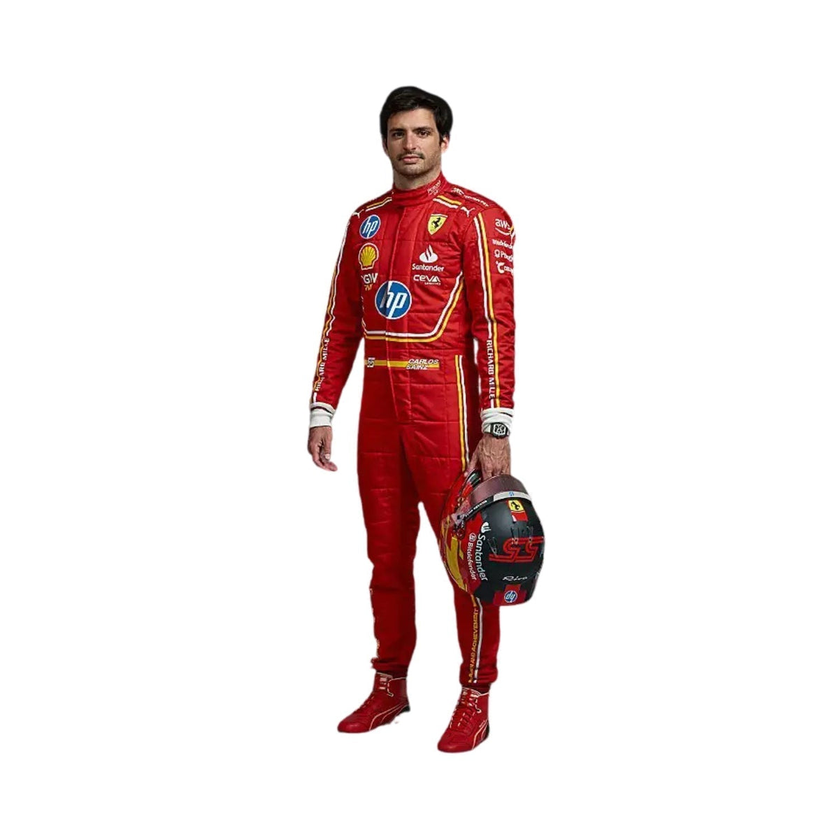 Carlos Sainz Jr.’s 2024 Monaco GP suit in vibrant red Cordura 600D polyester, featuring a smooth full‑zip front and a soft cotton‑towel lining for comfort. Main image