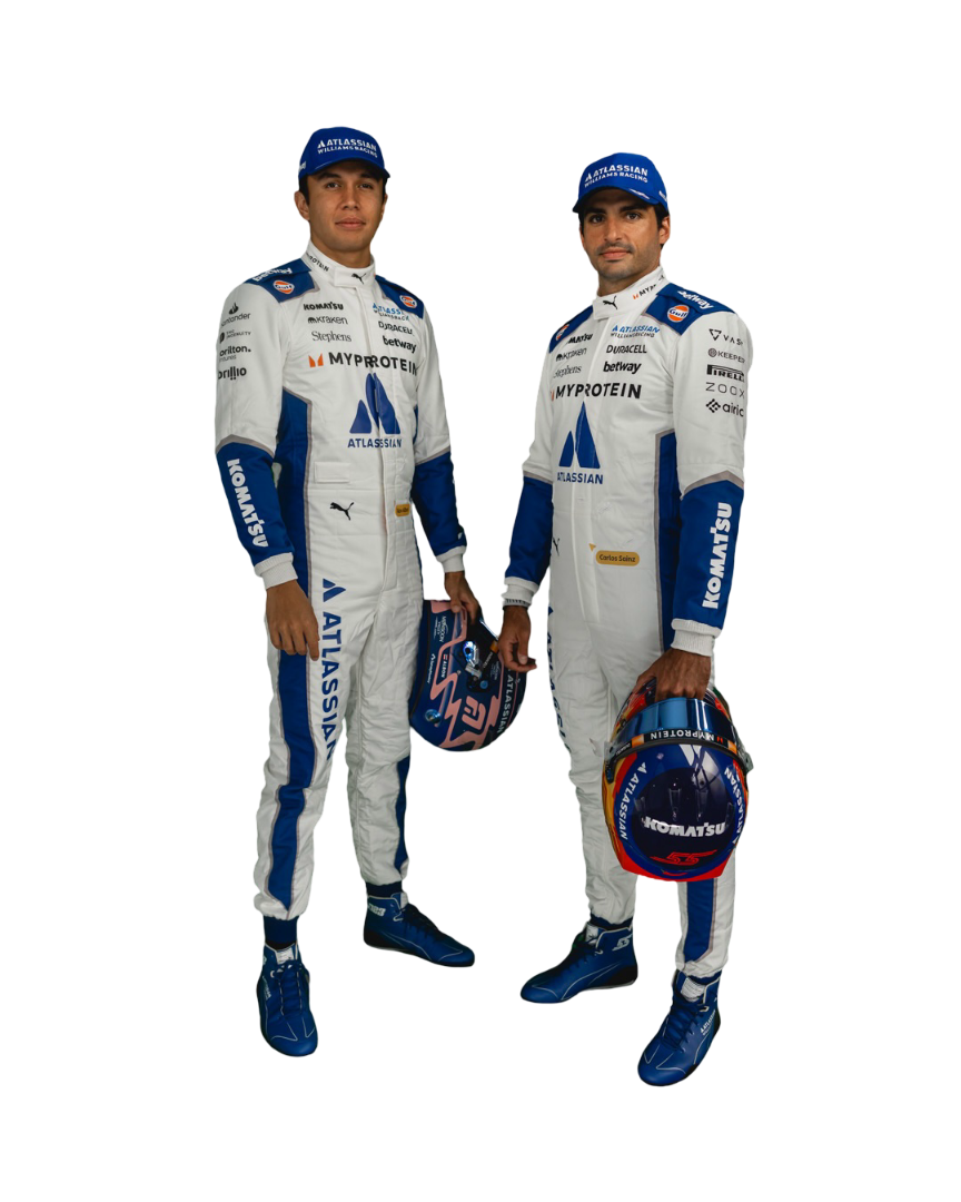 Two individuals Carlos Sainz and Alex Albon in 2025usgpF1RacingSuit with various sponsor logos on a white background. Explicit Pro