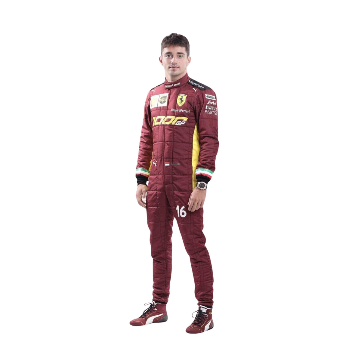 Front view of Charles Leclerc’s 2020 1000 GP race suit  Main image