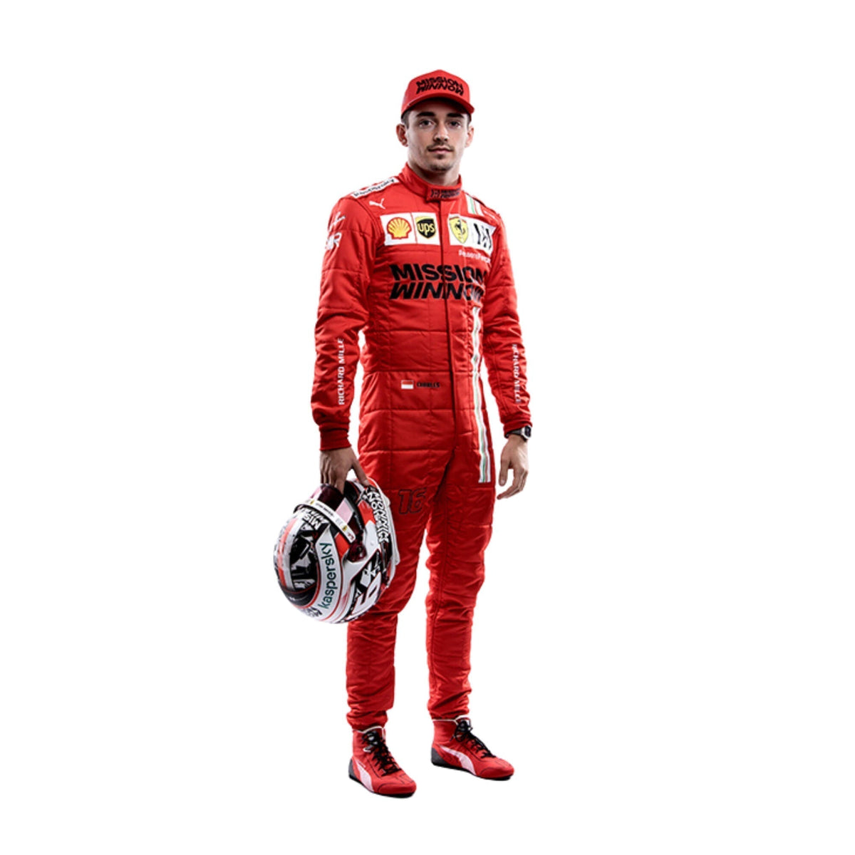 Front view of Charles Leclerc’s 2021 F1 racing suit featuring dynamic red design with detailed stitching and prominent chest branding.

 Main image