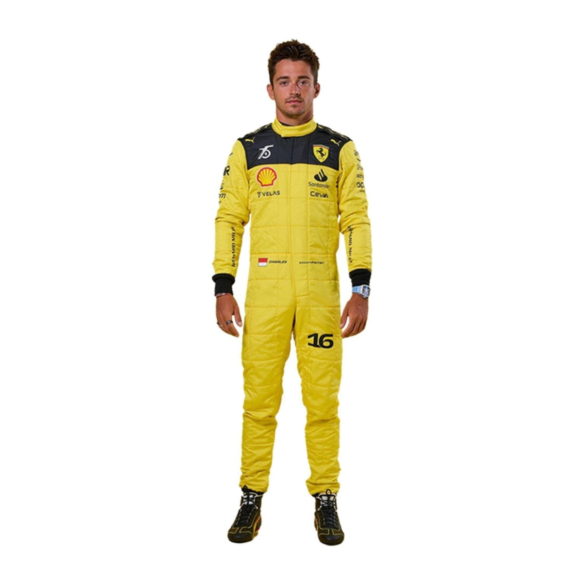 Charles Leclerc's 2022 Ferrari 75th Anniversary F1 racing suit front view, showcasing the iconic red design with bold sponsor logos, highlighting milestone celebration. Main image