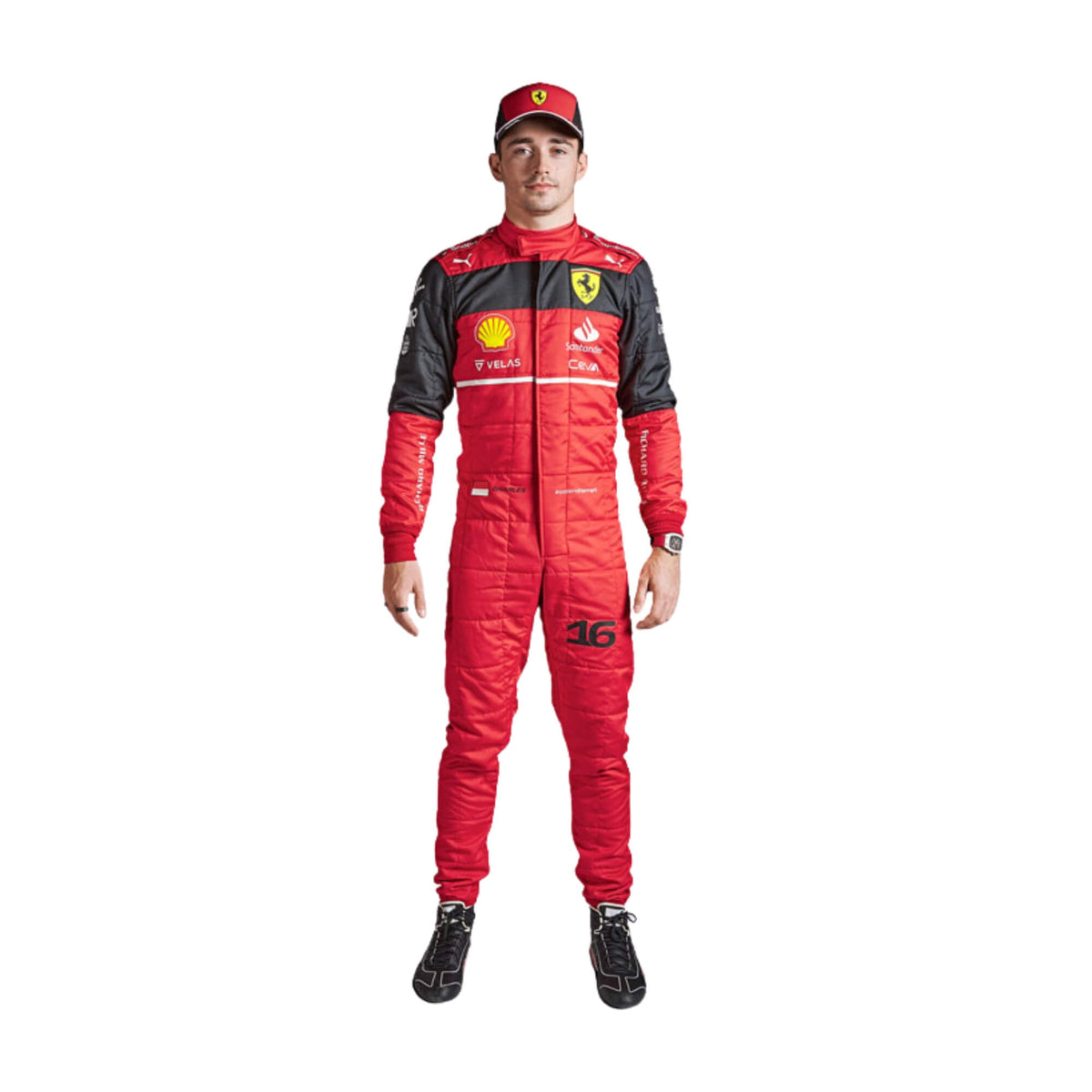Charles Leclerc's 2022 F1 racing suit in vibrant red, showcasing intricate sponsor logos and a sleek design synonymous with high-performance motorsport gear. Main image