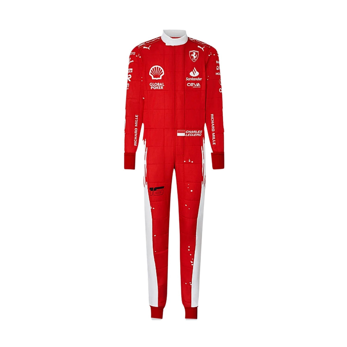 Charles Leclerc's 2023 Las Vegas Grand Prix F1 racing suit front view featuring a vibrant red base with a prominent white circle on the chest and white accent lines, complemented by sponsor logos, showcasing a sleek and modern design. Main image