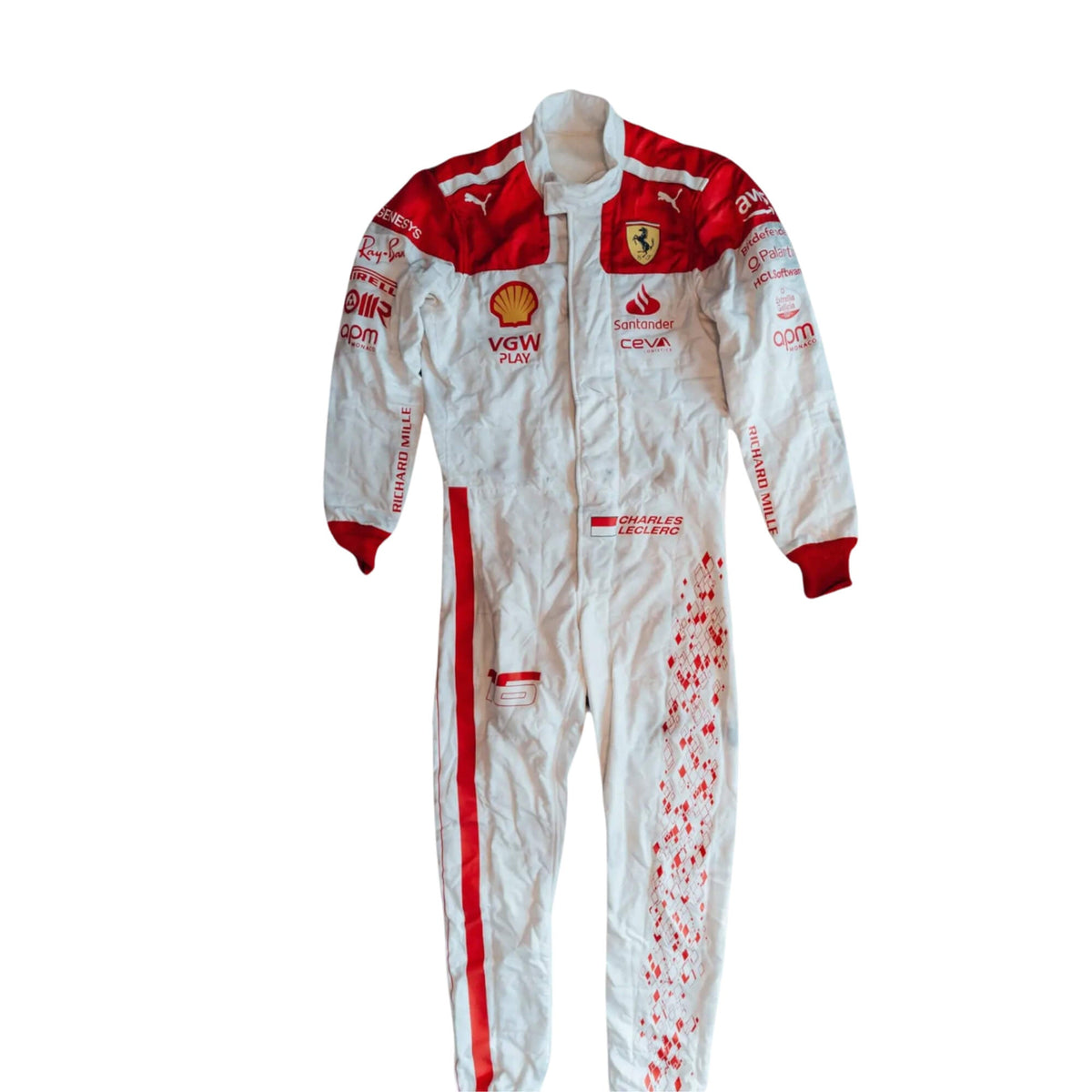 Charles Leclerc’s 2023 Monaco Grand Prix F1 racing suit front view featuring a white base with red shoulders and cuffs, complemented by sponsor logos, showcasing a sleek and modern design.