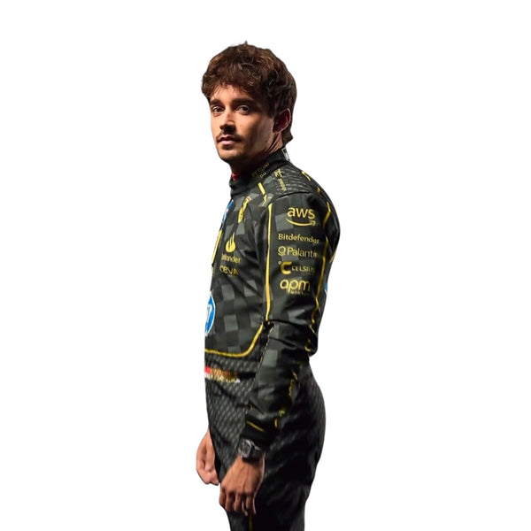 Right Side profile of Charles Leclerc's 2024 Italy GP racing suit, highlighting the black fabric with Modena yellow stripes along the sides.