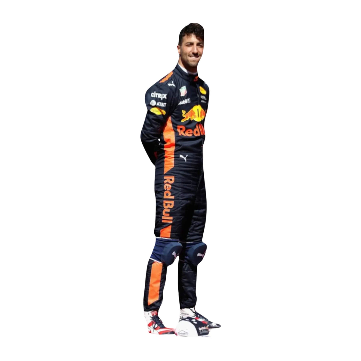 Left side view of Daniel Ricciardo’s 2017 racing suit, highlighting embroidered sponsor logos and a precision-tailored racing fit Main image
