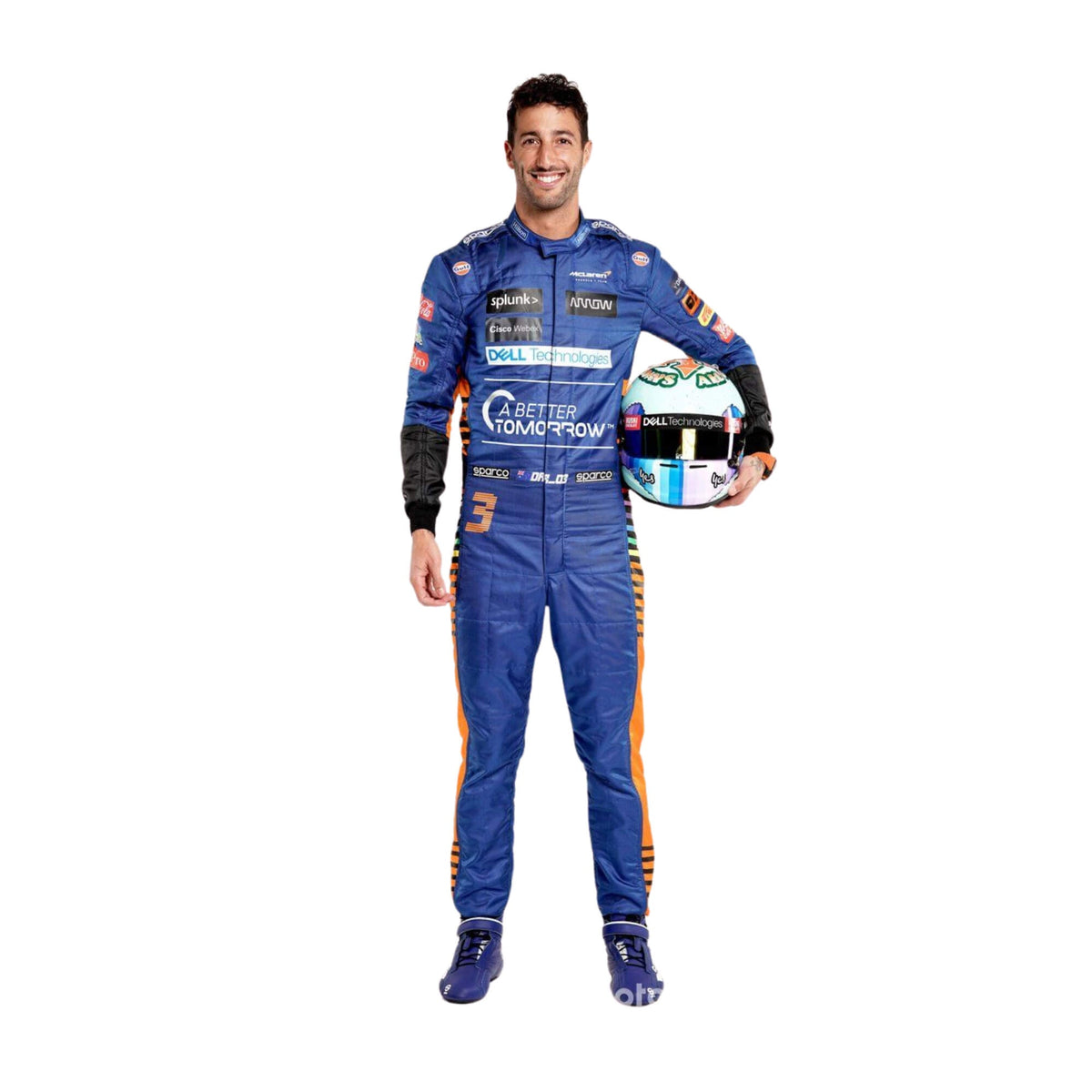 Daniel Ricciardo 2021 F1 racing suit front view showing vibrant orange and blue colorway with detailed sponsor branding Main image